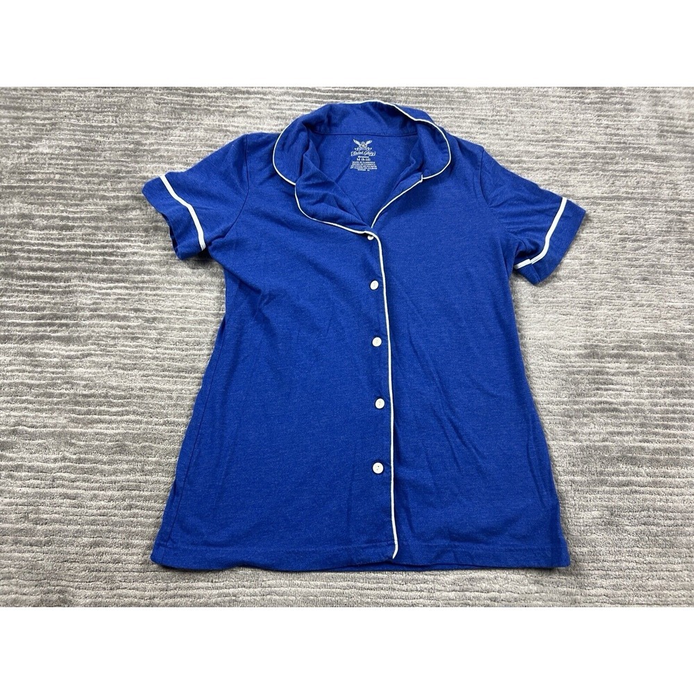 Faded Glory Pajama Top Womens Medium Blue Button Up Short Sleeve Cotton Blend